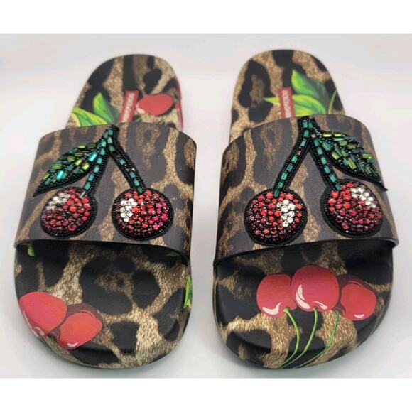 Dolce & Gabbana Portofino Cherry Leopard Embellished Slide Sandals Size US9 EU40 - Picture 1 of 10